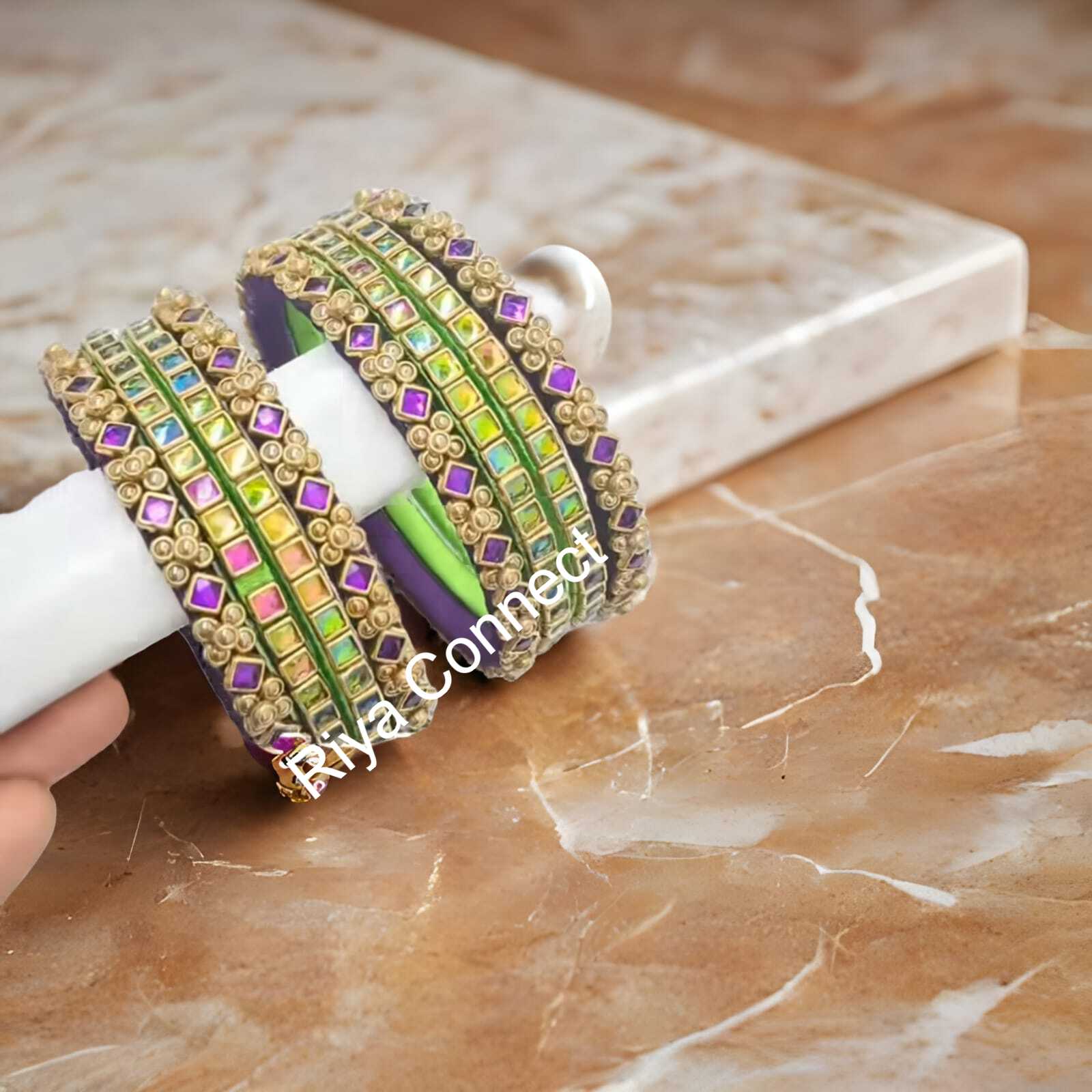 Purple & Rainbow Glossy Kundan Silk Thread Bangles